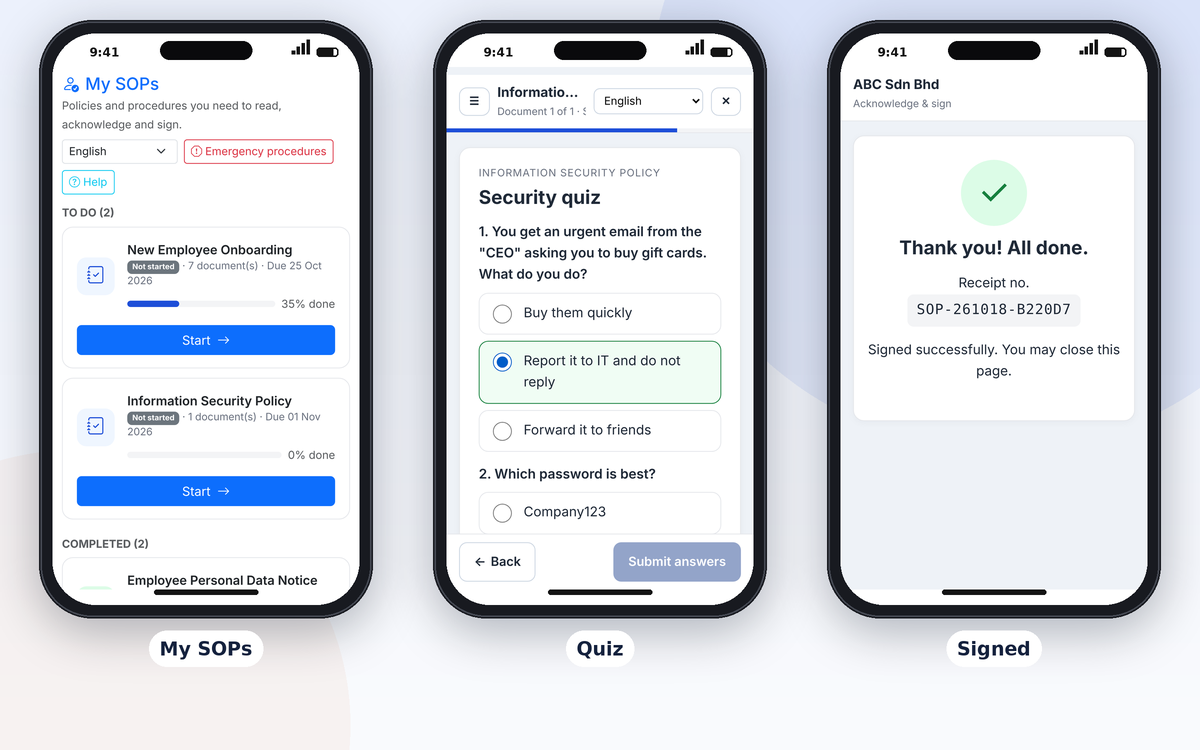 Three phones showing My SOPs, a security quiz, and the signed confirmation