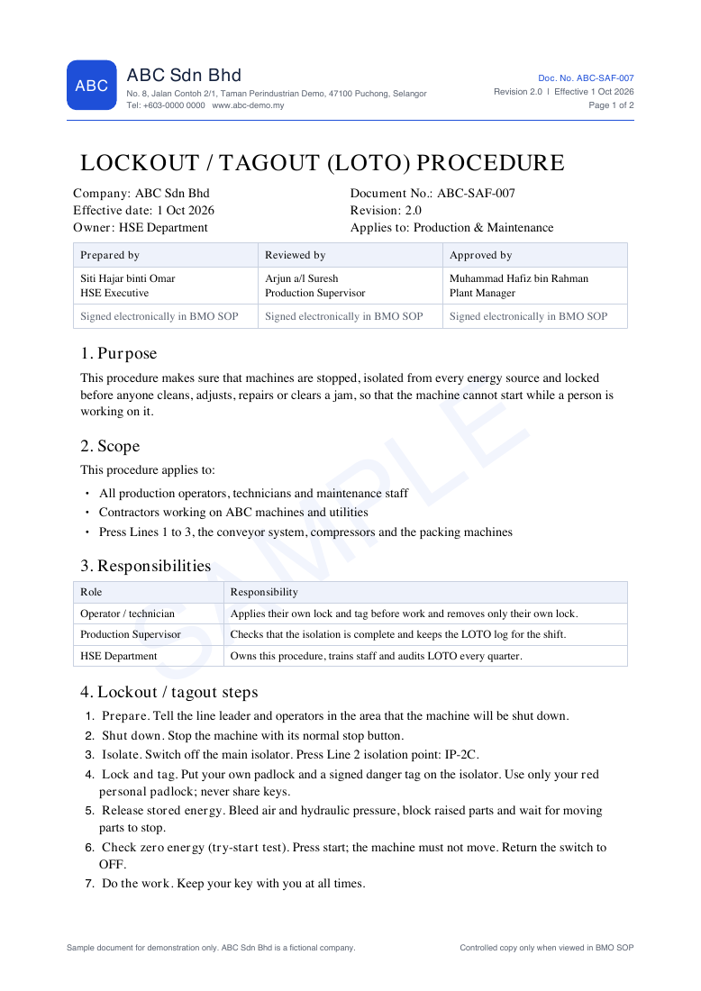 First page of the sample Lockout / Tagout procedure PDF with revision 2.0 and a SAMPLE watermark
