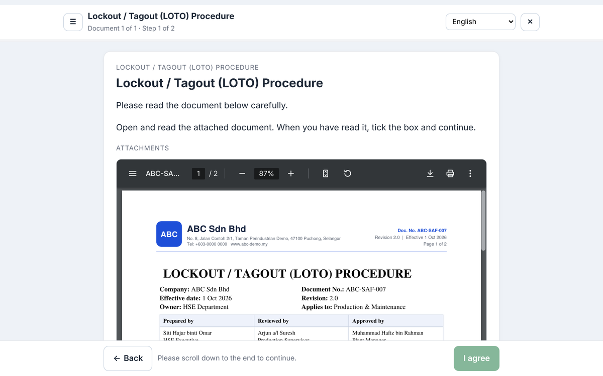 Employee reading the attached sample PDF with the I agree button still disabled